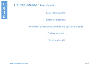 www.Certification-QSE.com
L’audit interne : Plan d’audit
page 28
Lieu / Site audité
Dates et horaires
Activités, processus, entités ou système audité
Critère d’audit
L’équipe d’audit
 