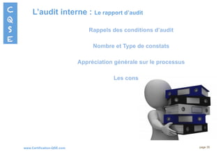 www.Certification-QSE.com
L’audit interne : Le rapport d’audit
page 35
Rappels des conditions d’audit
Nombre et Type de constats
Appréciation générale sur le processus
Les constats
 