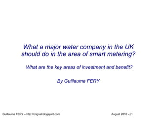 What a major water company in the UK
              should do in the area of smart metering?

                  What are the key areas of investment and benefit?

                                           By Guillaume FERY




Guillaume FERY – http://orignal.blogspirit.com                 August 2010 - p1
 