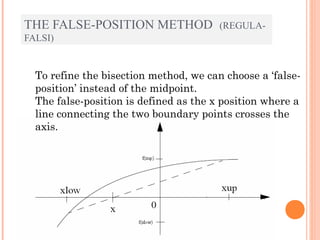 THE FALSE-POSITION METHOD               (REGULA-
FALSI)


  To refine the bisection method, we can choose a ‘false-
  position’ instead of the midpoint.
  The false-position is defined as the x position where a
  line connecting the two boundary points crosses the
  axis.
 