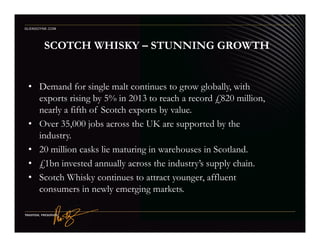 SCOTCH WHISKY – STUNNING GROWTH
• Demand for single malt continues to grow globally, with
exports rising by 5% in 2013 to reach a record £820 million,
nearly a fifth of Scotch exports by value.
• Over 35,000 jobs across the UK are supported by the
GLENGOYNE.COM
• Over 35,000 jobs across the UK are supported by the
industry.
• 20 million casks lie maturing in warehouses in Scotland.
• £1bn invested annually across the industry’s supply chain.
• Scotch Whisky continues to attract younger, affluent
consumers in newly emerging markets.
 