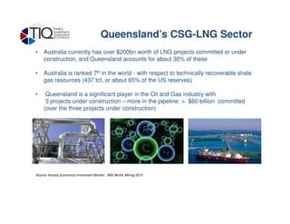 • Australia currently has over $200bn worth of LNG projects committed or under
construction, and Queensland accounts for about 30% of these
• Australia is ranked 7th in the world - with respect to technically recoverable shale
gas resources (437 tcf, or about 65% of the US reserves)
• Queensland is a significant player in the Oil and Gas industry with
3 projects under construction – more in the pipeline > $60 billion committed
(over the three projects under construction)
Queensland’s CSG-LNG Sector
Source: Access Economics Investment Monitor ; IBIS World, Mining 2012
 
