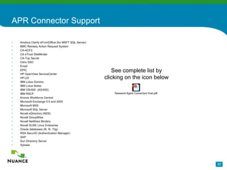 APR Connector Support Amdocs Clarify eFrontOffice (for MSFT SQL Server) BMC Remedy Action Request System  CA-ACF2  CA eTrust SiteMinder CA-Top Secret  Citrix SSO Email EPIC HP OpenView ServiceCenter HP-UX  IBM Lotus Domino  IBM Lotus Notes IBM OS/400  (AS/400) IBM RACF  Kronos Workforce Central Microsoft Exchange 5.5 and 2000 Microsoft MIIS Microsoft SQL Server Novell eDirectory (NDS) Novell GroupWise Novell NetWare Bindery  Novell SUSE Linux Enterprise Oracle databases (8i, 9i, 10g) RSA SecurID (Authentication Manager) SAP  Sun Directory Server Sybase  See complete list by clicking on the icon below 