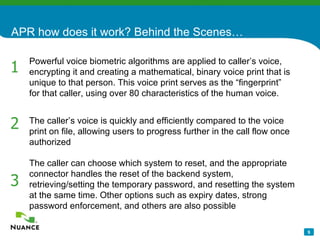 APR how does it work? Behind the Scenes… 1 2 3 Powerful voice biometric algorithms are applied to caller’s voice, encrypting it and creating a mathematical, binary voice print that is unique to that person. This voice print serves as the “fingerprint” for that caller, using over 80 characteristics of the human voice. The caller’s voice is quickly and efficiently compared to the voice print on file, allowing users to progress further in the call flow once authorized   The caller can choose which system to reset, and the appropriate connector handles the reset of the backend system, retrieving/setting the temporary password, and resetting the system at the same time. Other options such as expiry dates, strong password enforcement, and others are also possible   