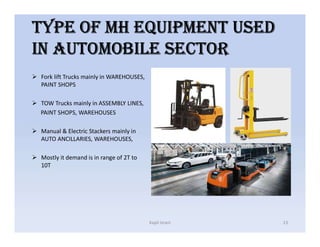 TYPE OF MH EQUIPMENT USED
IN AUTOMOBILE SEcTOR
 Fork lift Trucks mainly in WAREHOUSES,
PAINT SHOPS
 TOW Trucks mainly in ASSEMBLY LINES,
PAINT SHOPS, WAREHOUSES
 Manual & Electric Stackers mainly in
AUTO ANCILLARIES, WAREHOUSES,
 Mostly it demand is in range of 2T to
10T
Kapil Israni 13
 