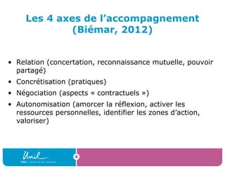 Les 4 axes de l’accompagnement
(Biémar, 2012)
• Relation (concertation, reconnaissance mutuelle, pouvoir
partagé)
• Concrétisation (pratiques)
• Négociation (aspects « contractuels »)
• Autonomisation (amorcer la réflexion, activer les
ressources personnelles, identifier les zones d’action,
valoriser)
4
 