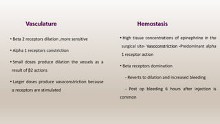 Vasculature
• Beta 2 receptors dilation ,more sensitive
• Alpha 1 receptors constriction
• Small doses produce dilation the vessels as a
result of β2 actions
• Larger doses produce vasoconstriction because
α receptors are stimulated
Hemostasis
• High tissue concentrations of epinephrine in the
surgical site- Vasoconstriction -Predominant alpha
1 receptor action
• Beta receptors domination
- Reverts to dilation and increased bleeding
- Post op bleeding 6 hours after injection is
common
 