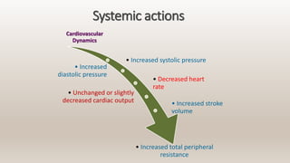 Systemic actions
Cardiovascular
Dynamics
• Increased systolic pressure
• Increased
diastolic pressure
• Decreased heart
rate
• Unchanged or slightly
decreased cardiac output • Increased stroke
volume
• Increased total peripheral
resistance
 
