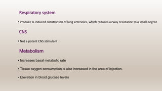 Respiratory system
• Produce α-induced constriction of lung arterioles, which reduces airway resistance to a small degree
CNS
• Not a potent CNS stimulant
Metabolism
• Increases basal metabolic rate
• Tissue oxygen consumption is also increased in the area of injection.
• Elevation in blood glucose levels
 