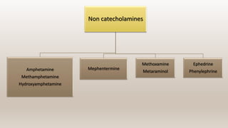 Non catecholamines
Amphetamine
Methamphetamine
Hydroxyamphetamine
Mephentermine
Methoxamine
Metaraminol
Ephedrine
Phenylephrine
 