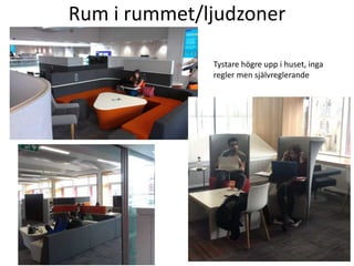 Rum i rummet/ljudzoner
Tystare högre upp i huset, inga
regler men självreglerande

 