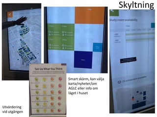 Skyltning

Smart skärm, kan välja
karta/nyheter/om
AGLC eller info om
läget i huset

Utvärdering
vid utgången

 