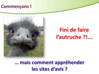 Commençons !

Fini de faire
l’autruche ?!...

… mais comment appréhender
les sites d’avis ?

 