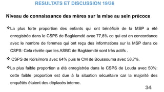 Niveau de connaissance des mères sur la mise au sein précoce
RESULTATS ET DISCUSSION 19/36
34
La plus forte proportion des enfants qui ont bénéficié de la MSP a été
enregistrée dans le CSPS de Bagkiemdé avec 77,8% ce qui est en concordance
avec le nombre de femmes qui ont reçu des informations sur la MSP dans ce
CSPS: Cela révèle que les ASBC de Bagkiemdé sont très actifs .
 CSPS de Korsimoro avec 64% puis le CM de Boussouma avec 58,7%.
La plus faible proportion a été enregistrée dans le CSPS de Louda avec 50%:
cette faible proportion est due à la situation sécuritaire car la majorité des
enquêtés étaient des déplacés interne.
 