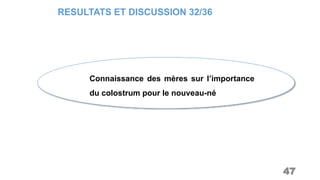 47
Connaissance des mères sur l’importance
du colostrum pour le nouveau-né
RESULTATS ET DISCUSSION 32/36
 