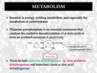 usually found in
pyrophosphate form
active site
METABOLISM
 Essential in energy-yielding metabolism, and especially the
metabolism of carbohydrates
 Thiamine pyrophosphate is an essential coenzymes that
catalyze the oxidative decarboxylation of α-keto acids to
form an acylated coenzyme A (acyl CoA).
 These include pyruvate dehydrogenase , α -keto glutarate
dehydrogenase and branched-chain α-keto acid
dehydrogenase.
 