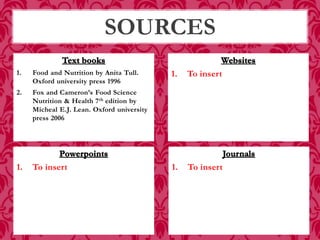 1. Food and Nutrition by Anita Tull.
Oxford university press 1996
2. Fox and Cameron’s Food Science
Nutrition & Health 7th edition by
Micheal E.J. Lean. Oxford university
press 2006
1. To insert
SOURCES
1. To insert1. To insert
 