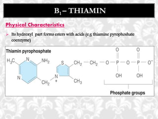 Physical Characteristics
 Its hydroxyl part forms esters with acids (e.g thiamine pyrophoshate
coenzyme)
B1 – THIAMIN
 