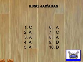 KUNCI JAWABAN

1. C
2. A
3. A
4. A
5. A

6. A
7. C
8. A
9. D
10. D

 