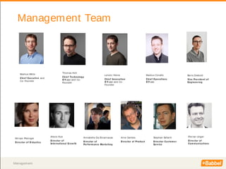 Management
Management Team
Markus Witte
Chief Executive and
Co- Founder
Lorenz Heine
Chief Innovation
O ﬃ cer and Co-
Founder
Thomas Holl
Chief Technology
O ﬃ cer and Co-
Founder
Boris Diebold
Vice President of
Engineering
Stephan Sefarth
Director Custom er
Service
Arne Gerdes
Director of Product
Annabella Da Encarnacao
Director of
Performance Marketing
Alexis Hue
Director of
International Grow th
Miriam Pleiniger
Director of Didactics
Florian Unger
Director of
Communications
Markus Corallo
Chief O perations
O ﬃ cer
 