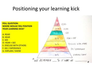 Positioning your learning kick
POLL QUESTION:
WHERE WOULD YOU POSITION
YOUR LEARNING KICK?
A: READ
B: HEAR
C: SEE
D: HEAR + SEE
E: DISCUSS WITH OTHERS
F: DO / EXPERIENCE
G: EXPLAIN / SHOW
 