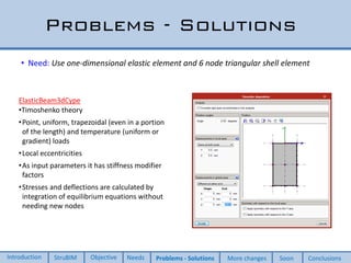 Problems - Solutions
• Need: Use one-dimensional elastic element and 6 node triangular shell element
ElasticBeam3dCype
•Timoshenko theory
•Point, uniform, trapezoidal (even in a portion
of the length) and temperature (uniform or
gradient) loads
•Local eccentricities
•As input parameters it has stiffness modifier
factors
•Stresses and deflections are calculated by
integration of equilibrium equations without
needing new nodes
Introduction StruBIM Objective Needs Problems - Solutions More changes Soon Conclusions
 