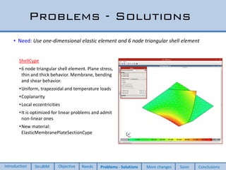 Problems - Solutions
• Need: Use one-dimensional elastic element and 6 node triangular shell element
ShellCype
•6 node triangular shell element. Plane stress,
thin and thick behavior. Membrane, bending
and shear behavior.
•Uniform, trapezoidal and temperature loads
•Coplanarity
•Local eccentricities
•It is optimized for linear problems and admit
non-linear ones
•New material:
ElasticMembranePlateSectionCype
Introduction StruBIM Objective Needs Problems - Solutions More changes Soon Conclusions
 