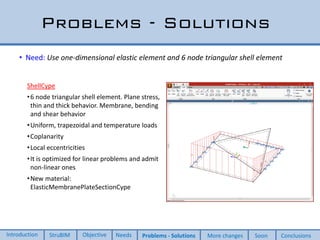 Problems - Solutions
• Need: Use one-dimensional elastic element and 6 node triangular shell element
ShellCype
•6 node triangular shell element. Plane stress,
thin and thick behavior. Membrane, bending
and shear behavior
•Uniform, trapezoidal and temperature loads
•Coplanarity
•Local eccentricities
•It is optimized for linear problems and admit
non-linear ones
•New material:
ElasticMembranePlateSectionCype
Introduction StruBIM Objective Needs Problems - Solutions More changes Soon Conclusions
 