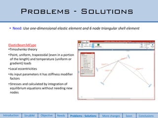 Problems - Solutions
• Need: Use one-dimensional elastic element and 6 node triangular shell element
ElasticBeam3dCype
•Timoshenko theory
•Point, uniform, trapezoidal (even in a portion
of the length) and temperature (uniform or
gradient) loads
•Local eccentricities
•As input parameters it has stiffness modifier
factors
•Stresses and calculated by integration of
equilibrium equations without needing new
nodes
Introduction StruBIM Objective Needs Problems - Solutions More changes Soon Conclusions
 