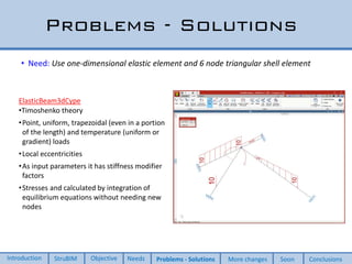Problems - Solutions
• Need: Use one-dimensional elastic element and 6 node triangular shell element
ElasticBeam3dCype
•Timoshenko theory
•Point, uniform, trapezoidal (even in a portion
of the length) and temperature (uniform or
gradient) loads
•Local eccentricities
•As input parameters it has stiffness modifier
factors
•Stresses and calculated by integration of
equilibrium equations without needing new
nodes
Introduction StruBIM Objective Needs Problems - Solutions More changes Soon Conclusions
 