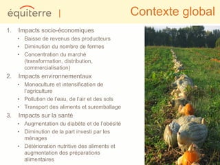 |                            Contexte global
1.   Impacts socio-économiques
     • Baisse de revenus des producteurs
     • Diminution du nombre de fermes
     • Concentration du marché
       (transformation, distribution,
       commercialisation)
2.   Impacts environnementaux
     • Monoculture et intensification de
       l’agriculture
     • Pollution de l’eau, de l’air et des sols
     • Transport des aliments et suremballage
3.   Impacts sur la santé
     • Augmentation du diabète et de l’obésité
     • Diminution de la part investi par les
       ménages
     • Détérioration nutritive des aliments et
       augmentation des préparations
       alimentaires
 