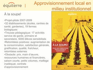 |
                         Approvisionnement local en
                                 milieu institutionnel
À la soupe!
•Projet-pilote 2007-2009
•32 établissements (écoles, centres de
santé, garderies), 19 fermes
biologiques
•Trousse pédagogique: 17 activités
service de garde, primaire et
secondaire, 5000 élèves sensibilisés
•Retombées positives: augmentation de
la consommation, satisfaction générale,
gratification, qualité, fraîcheur,
retombées externes
•Obstacle: prix, main d’œuvre,
ressources humaines et financières,
saison courte, petits volumes, maillage
inadéquat, contrats
d’approvisionnement
 