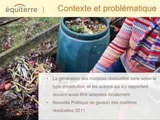 |        Contexte et problématique




    • La génération des matières résiduelles varie selon le
       type d’institution, et les actions qui s’y rapportent
       doivent aussi être adaptées localement
    • Nouvelle Politique de gestion des matières
       résiduelles 2011
 