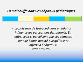 La malbouffe dans les hôpitaux pédiatriques 



  « La présence de fast‐food dans un hôpital 
    influence les perceptions des parents. En 
    effet, ceux‐ci percoivent que ces aliments 
       sont de bonne qualité puisqu’ils sont 
               offerts à l’hôpital. »
                 (Sahud et coll., 2006)
 