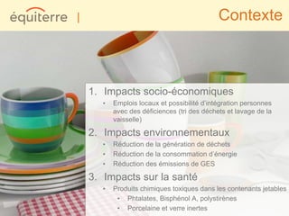 |                                             Contexte



    1. Impacts socio-économiques
       •   Emplois locaux et possibilité d’intégration personnes
           avec des déficiences (tri des déchets et lavage de la
           vaisselle)

    2. Impacts environnementaux
       •   Réduction de la génération de déchets
       •   Réduction de la consommation d’énergie
       •   Réduction des émissions de GES

    3. Impacts sur la santé
       •   Produits chimiques toxiques dans les contenants jetables
            • Phtalates, Bisphénol A, polystirènes
            • Porcelaine et verre inertes
 