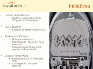 |                     Initiatives
• Laiterie de Coaticook
      • Système multifonctionnel de
        réfrigération à l’ammoniac

• IGA Cookshire
      • Système de réfrigération au CO2

• Restaurants Culver’s
      • Hottes plus efficaces
      • Chauffage de l’eau avec l’huile
        de cuisson
      • Économie de 270$ par mois
        pour un seul restaurant

• Osteria Nonna Maria
      • Restaurant dans un édifice de
        1800
      • Chauffage de l’eau sans
        réservoir
 