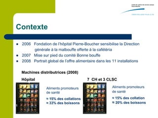 Contexte

   2006 Fondation de l’hôpital Pierre-Boucher sensibilise la Direction
         générale à la malbouffe offerte à la cafétéria
   2007 Mise sur pied du comité Bonne bouffe
   2008 Portrait global de l’offre alimentaire dans les 11 installations

    Machines distributrices (2008)
    Hôpital                               7 CH et 3 CLSC

                  Aliments promoteurs                    Aliments promoteurs
                  de santé                               de santé

                  ≈ 15% des collations                   ≈ 15% des collation
                  ≈ 33% des boissons                     ≈ 20% des boissons
 