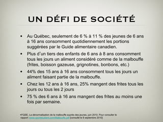 UN DÉFI DE SOCIÉTÉ
•  Au Québec, seulement de 6 % à 11 % des jeunes de 6 ans
   à 16 ans consomment quotidiennement les portions
   suggérées par le Guide alimentaire canadien.
•  Plus d un tiers des enfants de 6 ans à 8 ans consomment
   tous les jours un aliment considéré comme de la malbouffe
   (frites, boisson gazeuse, grignotines, bonbons, etc.)
•  44% des 15 ans à 16 ans consomment tous les jours un
   aliment faisant partie de la malbouffe.
•  Chez les 12 ans à 16 ans, 25% mangent des frites tous les
   jours ou tous les 2 jours
•  75 % des 6 ans à 16 ans mangent des frites au moins une
   fois par semaine.

• FQSE, La dénormalisation de la malbouffe auprès des jeunes, juin 2010. Pour consulter le
rapport :www.sportetudiant.com/Malbouffe.pdf [consulté le 8 septembre 2010]
 