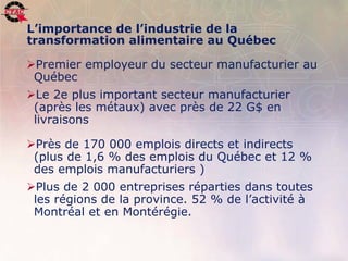 L’importance de l’industrie de la
      transformation alimentaire au Québec

      Premier employeur du secteur manufacturier au
       Québec
      Le 2e plus important secteur manufacturier
       (après les métaux) avec près de 22 G$ en
       livraisons

      Près de 170 000 emplois directs et indirects
       (plus de 1,6 % des emplois du Québec et 12 %
       des emplois manufacturiers )
      Plus de 2 000 entreprises réparties dans toutes
       les régions de la province. 52 % de l’activité à
       Montréal et en Montérégie.


5   Position de l’industrie de la transformation agroalimentaire, 22 novembre 2006   .
 