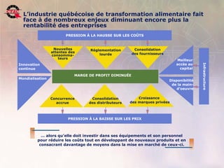 L’industrie québécoise de transformation alimentaire fait
           face à de nombreux enjeux diminuant encore plus la
           rentabilité des entreprises
                                            PRESSION À LA HAUSSE SUR LES COÛTS


                                 Nouvelles                     Réglementation          Consolidation
                                attentes des                                          des fournisseurs
                                consomma-                          lourde
                                    teurs
                                                                                                            Meilleur
       Innovation                                                                                           accès au




                                                                                                                         Infrastructure
       continue                                                                                               capital

                                                  MARGE DE PROFIT DIMINUÉE
       Mondialisation
                                                                                                         Disponibilité
                                                                                                          de la main--
                                                                                                             d’oeuvre

                                Concurrence                    Consolidation              Croissance
                                  accrue                      des distributeurs       des marques privées



                                              PRESSION À LA BAISSE SUR LES PRIX



                        … alors qu’elle doit investir dans ses équipements et son personnel
                      pour réduire les coûts tout en développant de nouveaux produits et en
                       consacrant davantage de moyens dans la mise en marché de ceux-ci.



16   Position de l’industrie de la transformation agroalimentaire, 22 novembre 2006                                                       .
 