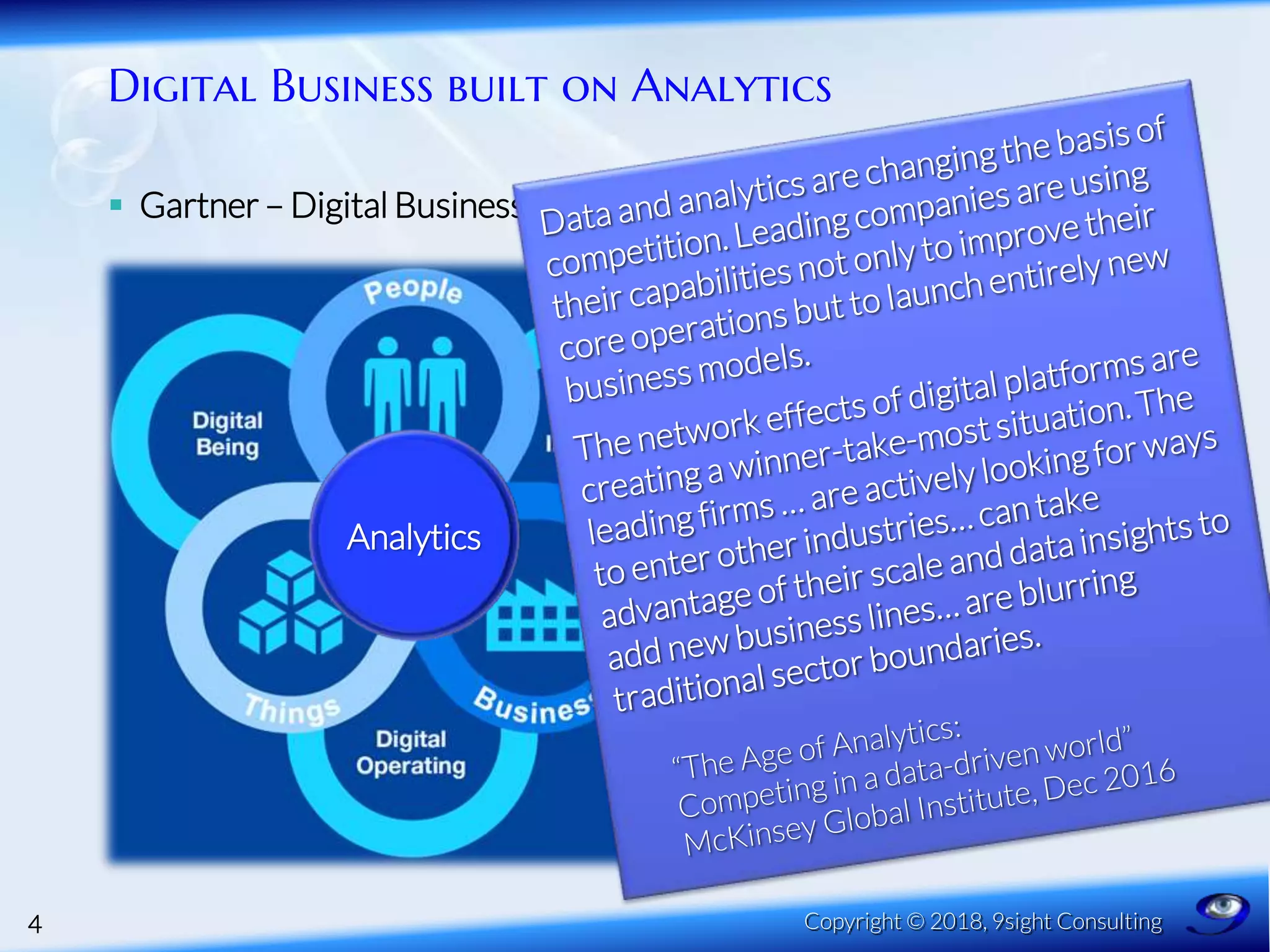Digital Business built on Analytics
 Gartner – Digital Business Lenses
4 Copyright © 2018, 9sight Consulting
Analytics
 