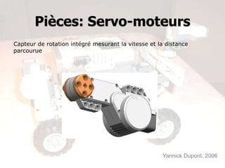 Pièces: Servo-moteurs
Capteur de rotation intégré mesurant la vitesse et la distance
parcourue




                                                    Yannick Dupont, 2006
 