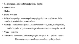 • Kaphavarana and vatahara(eranda basthi)
• 1)Saindhava
• Madhu
• Sneha- thailam
• Kalka-shatapushpa,hapusha,priyangu,pippaleekam,madhukam, bala,
rasanjanam,vatsakabeejam,mustham
• Kashaya- erandamoola,palasha,lakhupanchamoola,rasna,ashwagandha,
athibala,guduchi,punarnava,aragwada,devadaru,madanapala, yashti
• Avapa- gomutra
• Indication- deepanam, lekhanam,jangha uru pada trika prushta shoola
Kaphaavaranam,vataghnam,aanaaham,arsha,grahani,
 