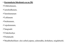 • Karmukata bhedam(s.sa.su.28)
Uthkleshanam,
samshodhanam,
Samshamanam
Lekhanam
bruhmanam,
vajeekaranam,
Sangraahi
Chakshushya
Pichabasthi
Maadhuthailikam- also called yapana, yuktaradha, doshahara, snigdabasthi.
 