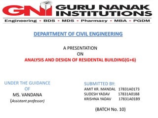 DEPARTMENT OF CIVIL ENGINEERING
A PRESENTATION
ON
ANALYSIS AND DESIGN OF RESIDENTAL BUILDING(G+6)
UNDER THE GUIDANCE
OF
MS. VANDANA
(Assistant professor)
SUBMITTED BY:
AMIT KR. MANDAL 17831A0173
SUDESH YADAV 17831A01B8
KRISHNA YADAV 17831A01B9
(BATCH No. 10)
 