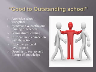  Attractive school
workplace
 Systematic & continuous
training of teachers
 Personalized learning
 Curriculum in connection
with the action
 Effective parental
involvement
 Opening to society and
Europe of knowledge
 