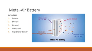 Metal-Air Battery
Advantage
1. Durable
2. Efficient
3. Long run
4. Cheap rate
5. High Energy density
 