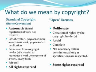 What do we mean by copyright?
Standard Copyright

“Open” licenses

(Berne Convention)

 Automatic (fomal
registration of work not
required)
 Life of creator + 50years or more;
anonymous work, 50 years after
publication
 Permission from copyright
holder (s) is needed to
reproduce a work , or segment of
a work, in any form.
 Fair use?

 All rights reserved

 Deliberate
 Cessation of rights by the
copyright holder(s)
 Partial
 Complete
 Not necessary obtain
permission as long as
specifications are respected.
 Some rights reserved

 
