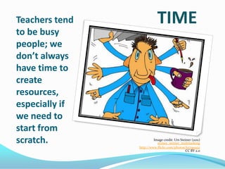 Teachers tend
to be busy
people; we
don’t always
have time to
create
resources,
especially if
we need to
start from
scratch.

TIME

Image credit: Urs Steiner (2011)
stoney_steiner_multitasking
http://www.flickr.com/photos/62790932
CC BY 2.0

 