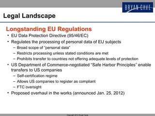 Legal Landscape

Longstanding EU Regulations
 • EU Data Protection Directive (95/46/EC)
 • Regulates the processing of personal data of EU subjects
   – Broad scope of “personal data”
   – Restricts processing unless stated conditions are met
   – Prohibits transfer to countries not offering adequate levels of protection
 • US Department of Commerce-negotiated “Safe Harbor Principles” enable
   transfers to US companies
   – Self-certification regime
   – Allows US companies to register as compliant
   – FTC oversight
 • Proposed overhaul in the works (announced Jan. 25, 2012)




                                   Copyright 2012 Bryan Cave
 